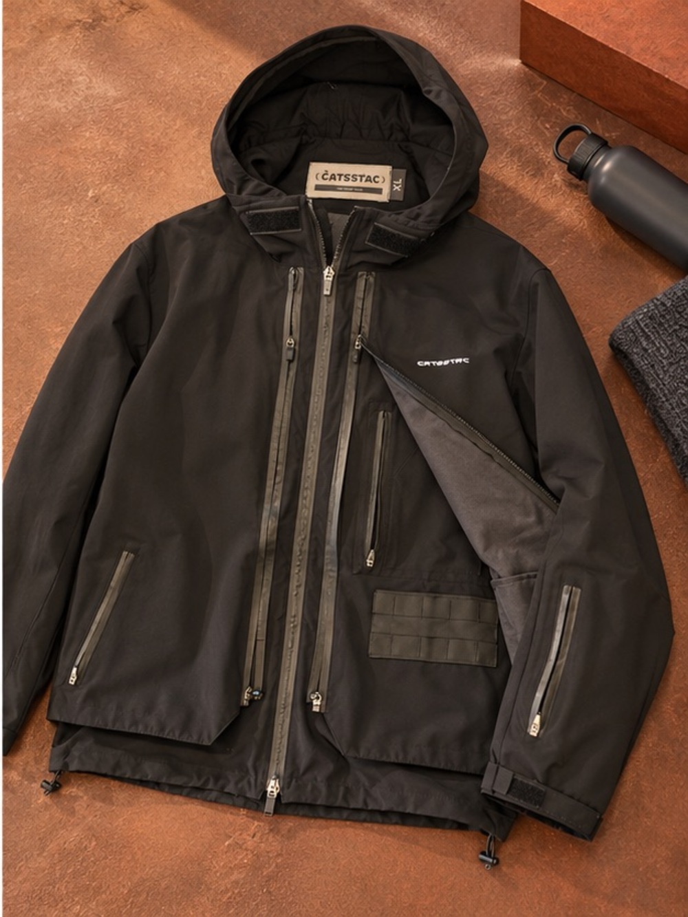 CATSSTAC Black Layered Zip Hooded Techwear Jacket XL